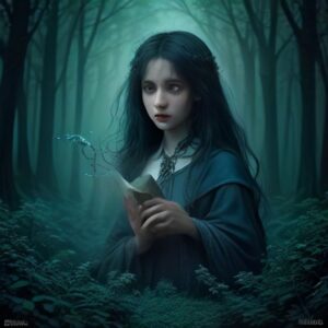 Ilustración fantástica de bestias míticas entre brumas de un bosque encantado, rodeadas de luz mágica dorada