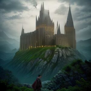 Castillo medieval mágico iluminado por luces encantadas bajo un cielo estrellado lleno de criaturas fantásticas volando