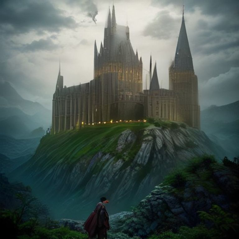 Castillo medieval mágico iluminado por luces encantadas bajo un cielo estrellado lleno de criaturas fantásticas volando