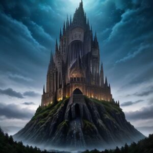 Castillo medieval mágico iluminado por miles de velas flotantes bajo un cielo estrellado lleno de criaturas fantásticas